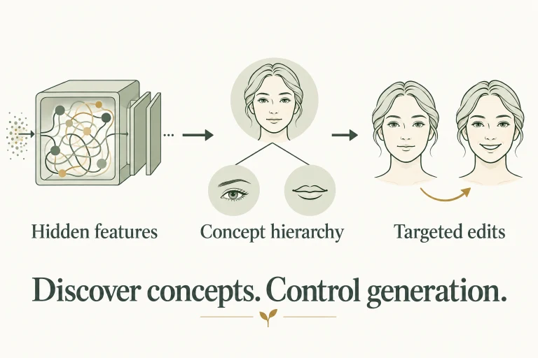 Conceptual diagram: Recover a sparse hierarchy of concepts from generative-model features and use it for targeted steering.