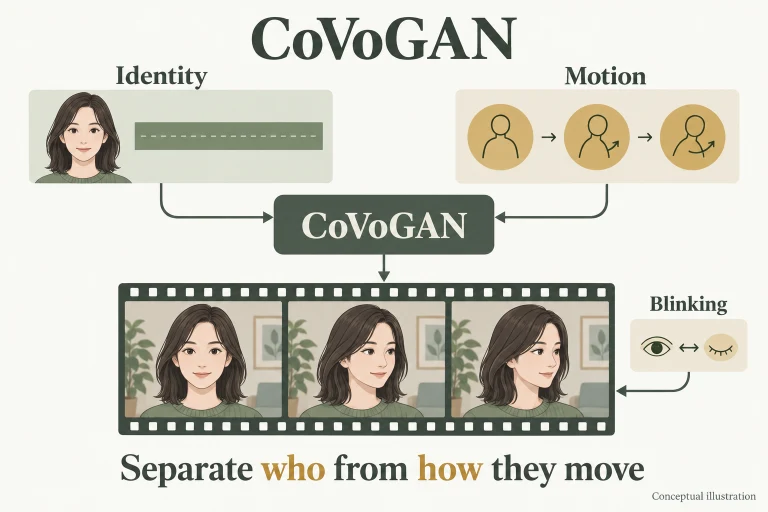 Conceptual diagram: Separate static identity from dynamic motion, then disentangle dynamic components through a temporal transition module under minimal-change and sufficient-change conditions..