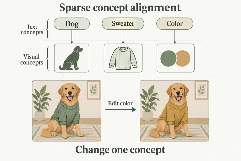 Conceptual diagram: Learn atomic textual and visual concepts with sparse cross-modal connections, then condition diffusion generation on visual concepts for targeted edits..