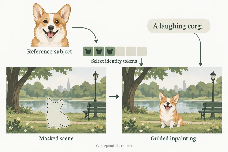 Conceptual diagram: Select discriminative reference-subject tokens to retain identity while allowing text-guided inpainting; decoupling regularization strengthens text control..