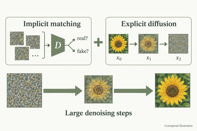 Conceptual diagram: Combine implicit matching of noisy marginals with explicit forward-conditional matching to support flexible large denoising steps..