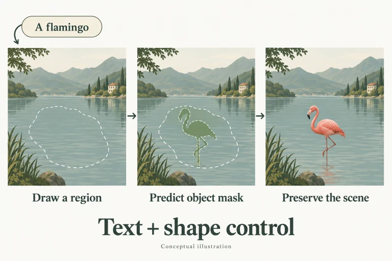 Conceptual diagram: Use text, shape and mask precision for object inpainting.