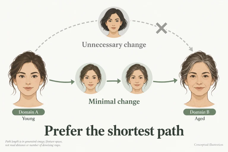Conceptual diagram: Generate intermediate images by varying a domain variable and regularize path length to discourage unnecessary content changes in unpaired translation..