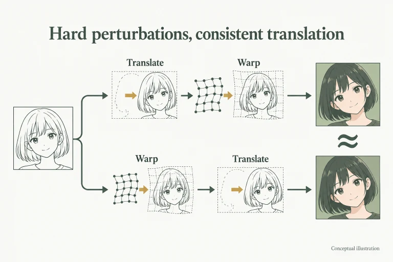 Conceptual diagram: Learn challenging spatial perturbations and encourage translation and perturbation to commute, while aligning spatial variation across domains..