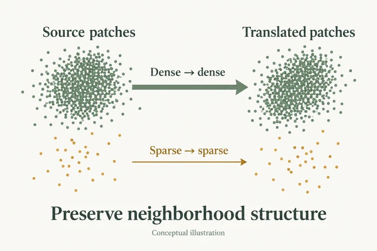 Conceptual diagram: Estimate patch densities with flows and penalize variation in log-density changes, encouraging dense-to-dense and sparse-to-sparse translation..