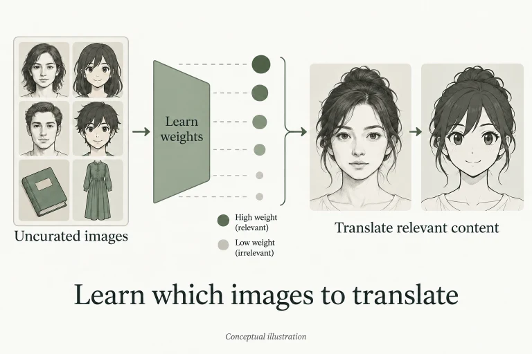 Conceptual diagram: Jointly learn importance weights and translation to downweight irrelevant samples in unaligned source and target collections..
