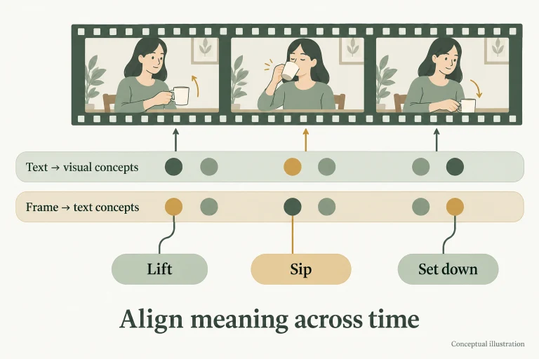 Conceptual diagram: Learn asymmetric text-side and video-side projections to select relevant concepts and align video frames with caption meaning over time..