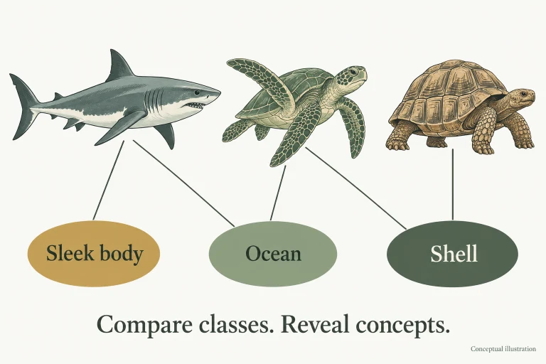 Conceptual diagram: Cross-class diversity and local comparisons support identification of latent concepts and class-concept structure under the stated conditions; the animal example illustrates the intuition..