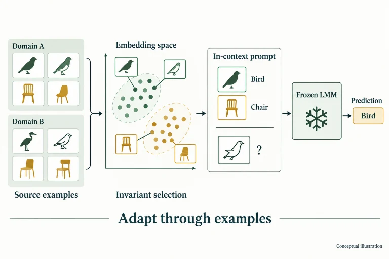 Conceptual diagram: Train a vision encoder with class-conditioned contrastive invariance to select stable demonstrations for a frozen large multimodal model under domain shifts..