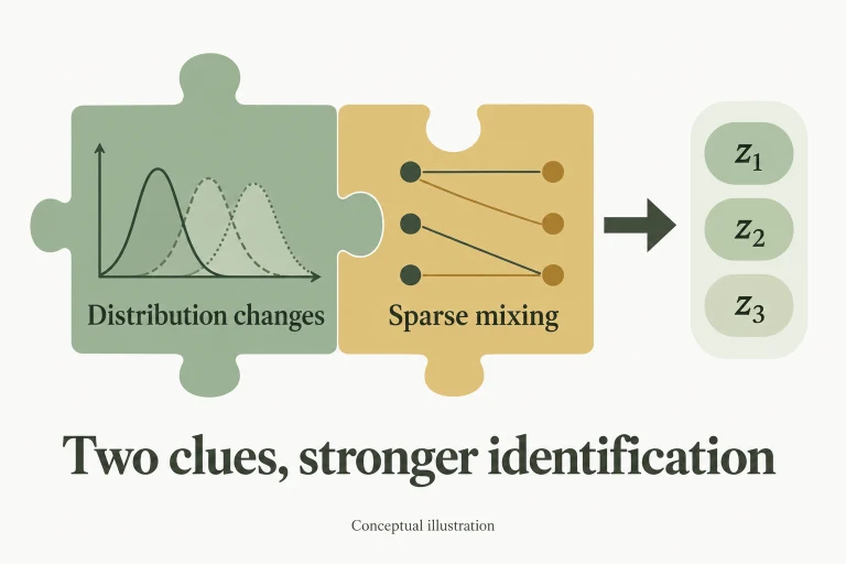 Conceptual diagram: Distribution changes and sparse mixing provide complementary identification information, relaxing the conditions required from either source alone..