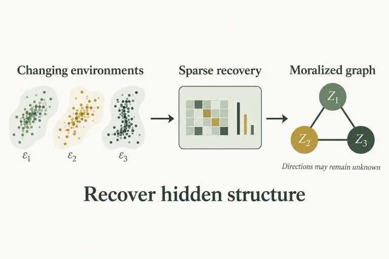 Conceptual diagram: Under sparsity and sufficient changes, recover the moralized undirected graph and latent variables with specified ambiguities; general recovery of every causal direction is not claimed..