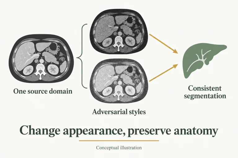 Conceptual diagram: Generate adversarial appearance variations from one source domain and enforce semantic and segmentation consistency for generalization to unseen acquisition conditions..