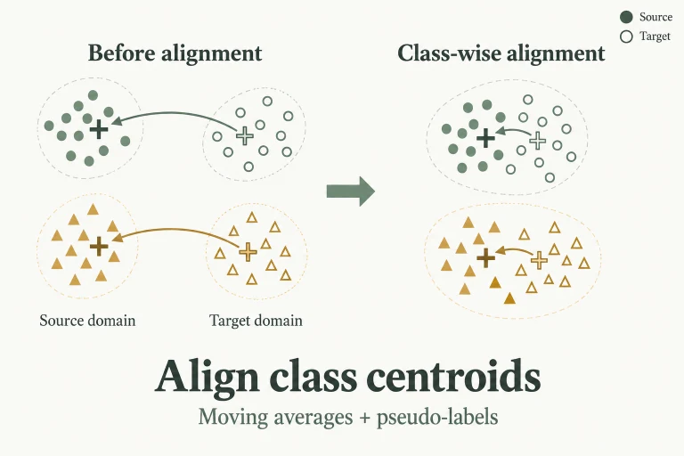 Conceptual diagram: Align labeled-source and pseudo-labeled-target class centroids using moving averages, keeping classes distinct across domains..
